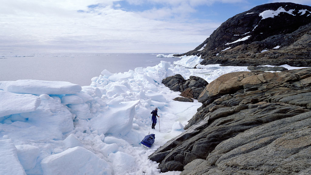  Negotiating the rubbly icefoot near Cape Warrender 